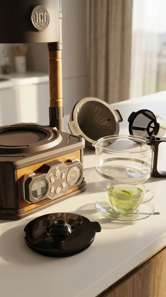 Multifunctional wooden coffee machine with detachable filter and glass pot, easy to clean, dual-use for coffee and tea, high-end home appliance with natural sunlight scene