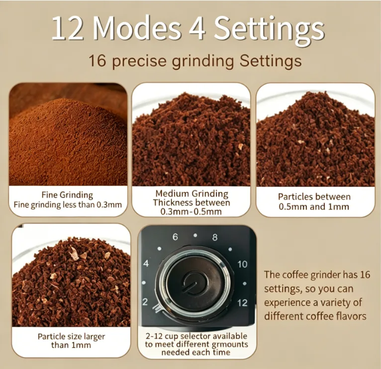 The 16-level grinding fineness adjustment function of the high-performance coffee bean grinder